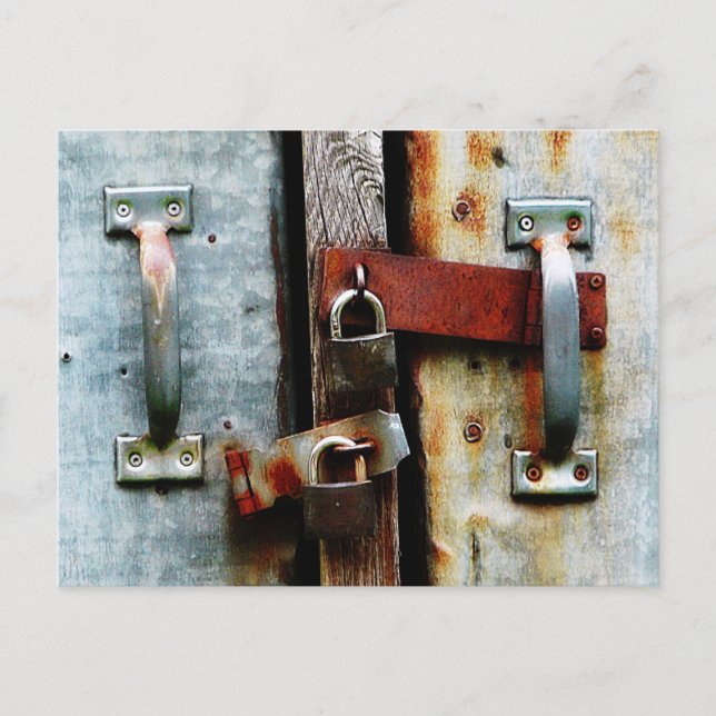 Locked up Tight! Two Rusty Bars and Key Locks Postcard (Front)