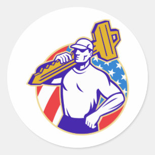 Locksmith Holding Key With American Flag Retrp Classic Round Sticker