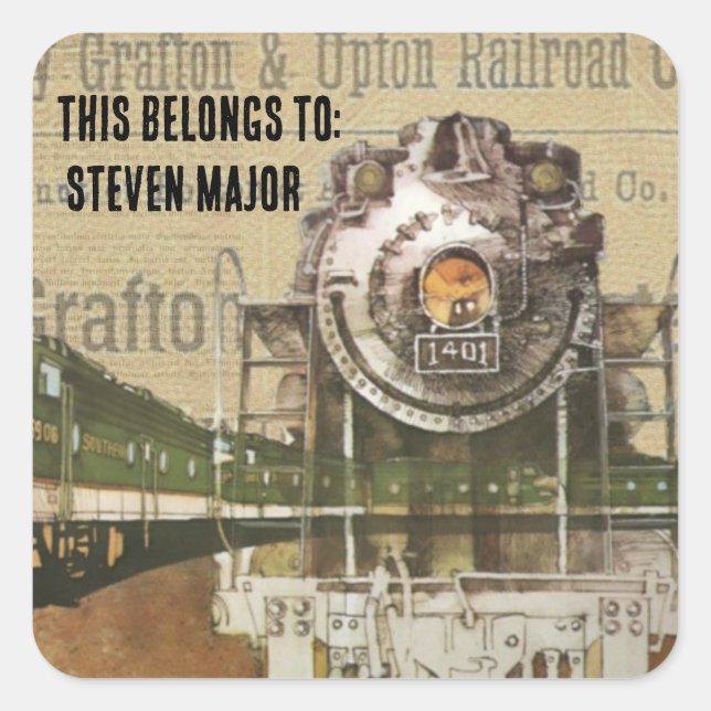 Locomotive Train Steam Engine This Belongs to Name Square Sticker (Front)