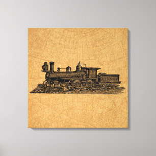 Locomotive Train Vintage Steam Engine & Map Style Canvas Print