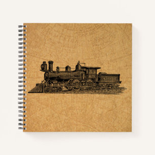 Locomotive Train Vintage Steam Engine & Map Style Notebook