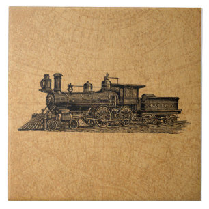 Locomotive Train Vintage Steam Engine & Map Style Tile
