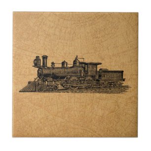 Locomotive Train Vintage Steam Engine & Map Style Tile