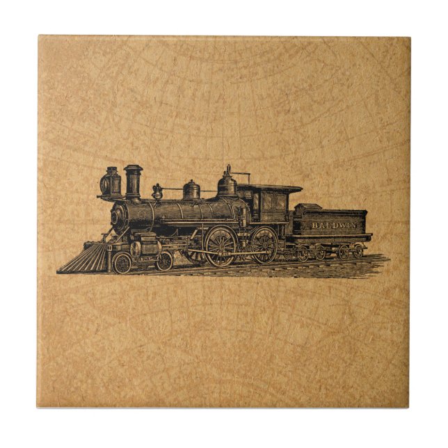Locomotive Train Vintage Steam Engine & Map Style Tile (Front)