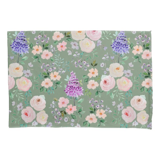 Loden Frost Green Watercolor Floral Pillowcase (Front)