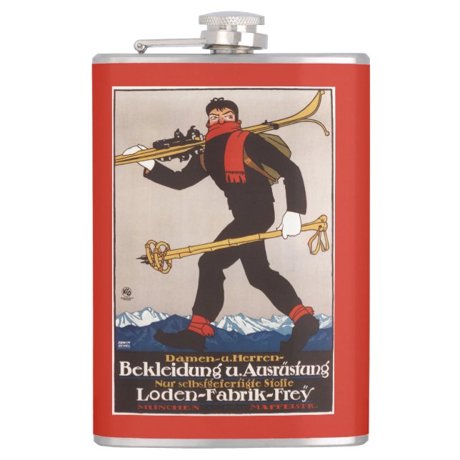 Loden Ski Clothes Skiing Advertisement Poster Hip Flask (Front)