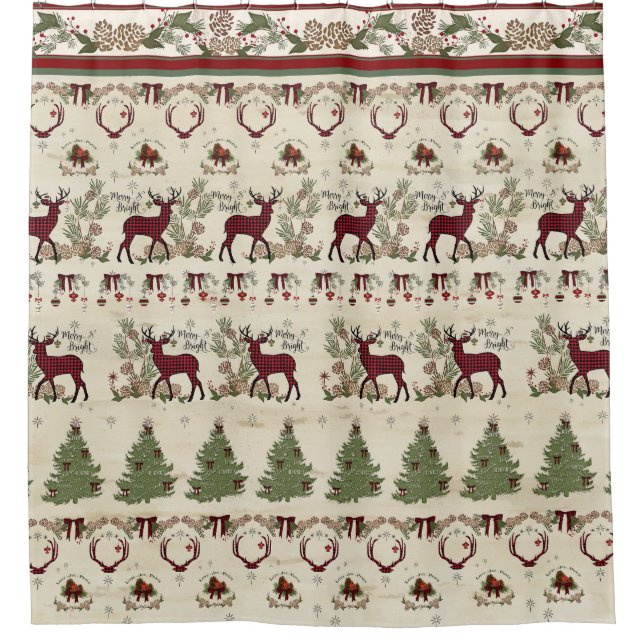 Lodge Christmas Tree Merry Bright Deer Antlers Shower Curtain (Front)
