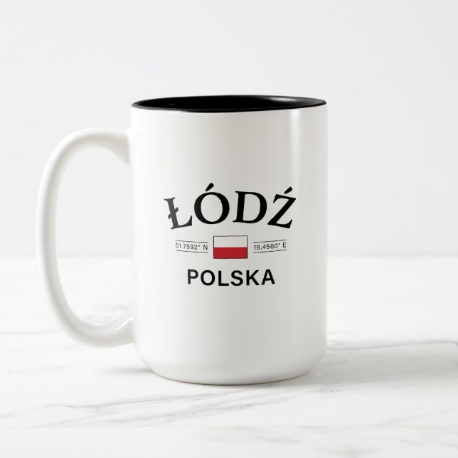 Lodz Polska (Poland) Polish Coordinates Two-Tone Coffee Mug (Left)