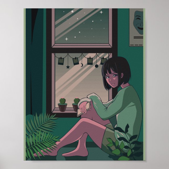 Lofi Anime Art Sad Girl Missing Someone Poster (Front)