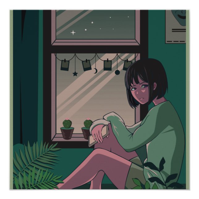 Lofi Anime Art Sad Girl Missing Someone  Poster (Front)