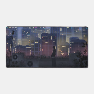 Lofi Anime City Skyline Desk Mat - Aesthetic Midn