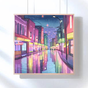 Lofi City Night Lights   Colourful Watercolor Poster