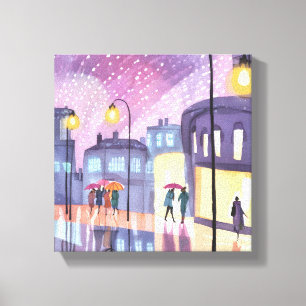 Lofi Rainy Walk   Colourful City Lights Watercolor Canvas Print