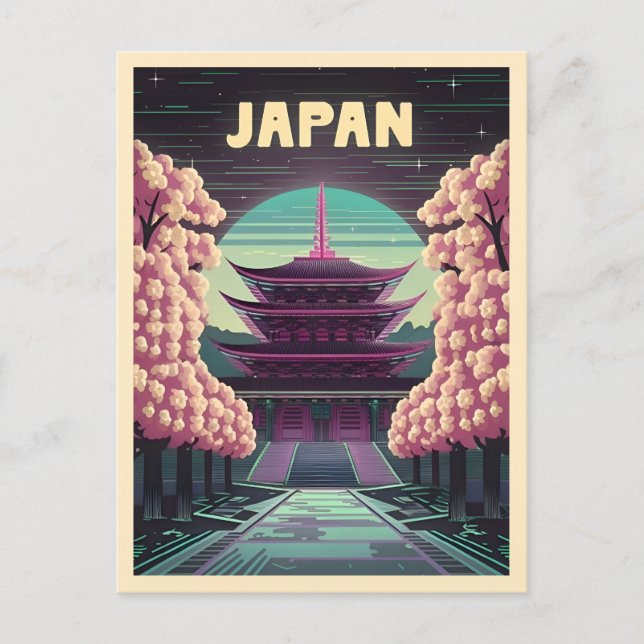 LoFi Vaporwave Retro 80s Japanese Temple Sakura Postcard (Front)