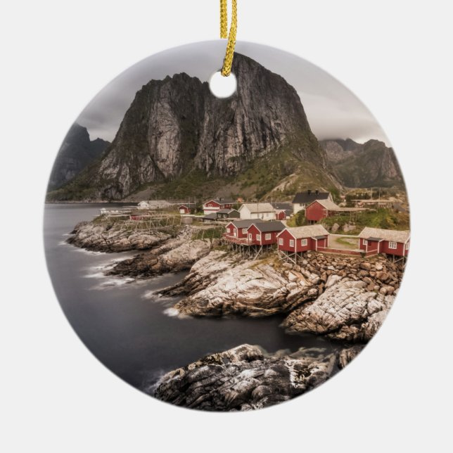 Lofoten Fishing Village Hamnoya Ceramic Tree Decoration (Front)