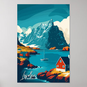 Lofoten Norway Art Vintage Travel Illustration Poster