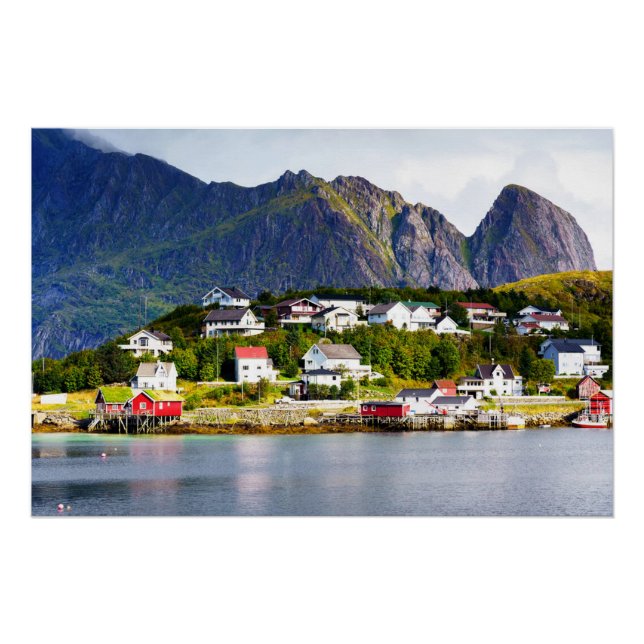 Lofoten Norway Reine village under sunny blue sky Poster (Front)
