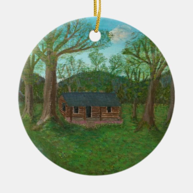 Log Cabin and Trees Ceramic Tree Decoration (Front)