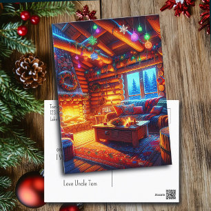 Log Cabin and Warm Fireplace on Christmas Eve Postcard