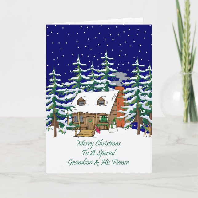 Log Cabin Christmas Grandson & Fiance Holiday Card (Front)