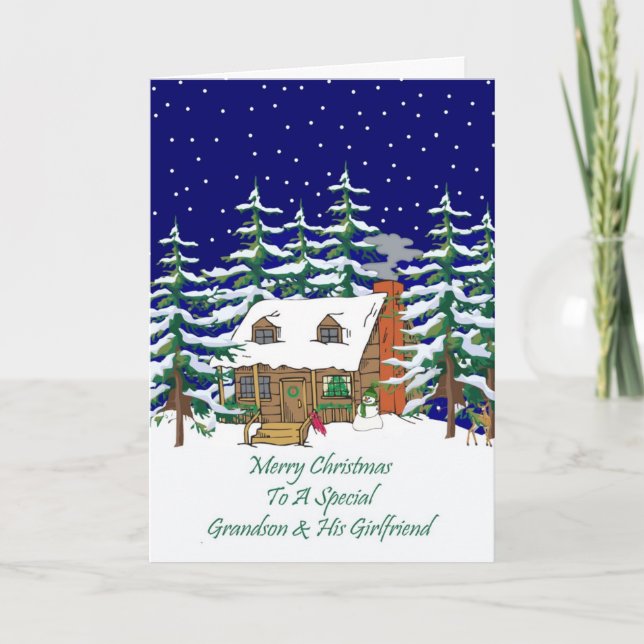 Log Cabin Christmas Grandson & Girlfriend Holiday Card (Front)