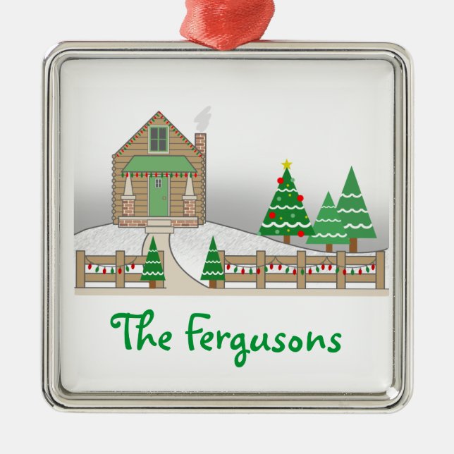 Log Cabin & Christmas Lights Snow Scene Metal Tree Decoration (Front)