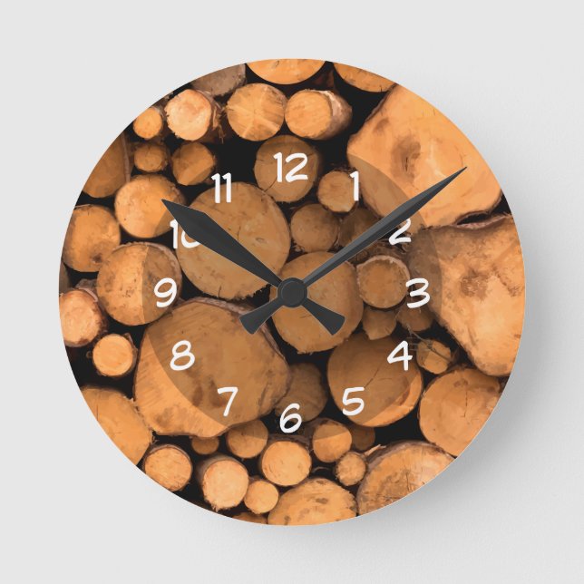 Log Cabin Country Log Wood Pattern Round Clock (Front)