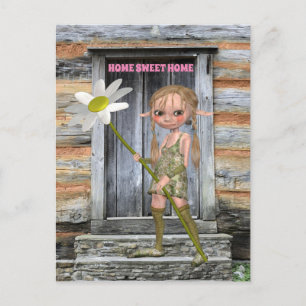 LOG CABIN CUTE ELF GIRL ART POSTCARD