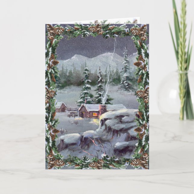 LOG CABIN & FIR BOUGHS by SHARON SHARPE Holiday Card (Front)