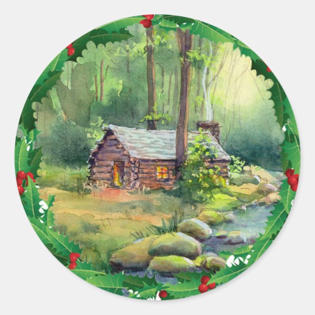 LOG CABIN HOLLY CHRISTMAS by SHARON SHARPE Classic Round Sticker (Front)