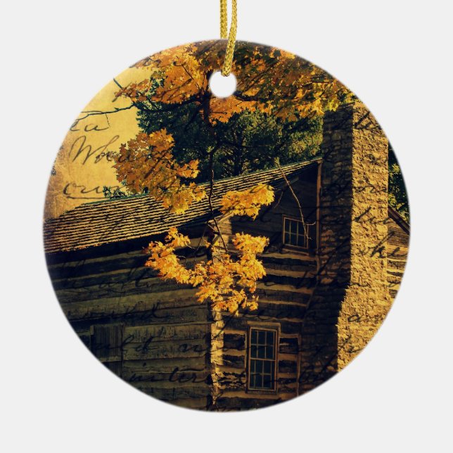 Log Cabin in Autumn Ceramic Tree Decoration (Front)