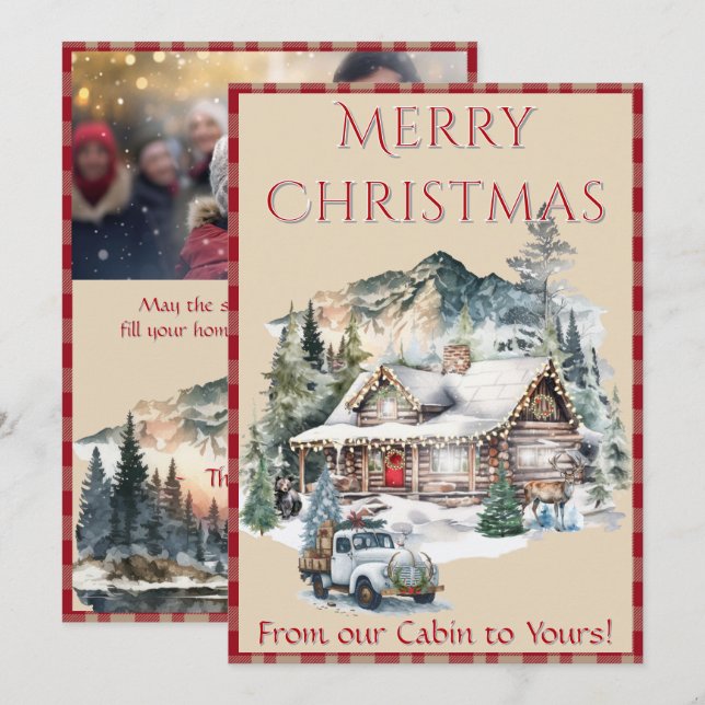 Log Cabin in the Mountains Christmas 1 Photo  Holiday Card (Front/Back)