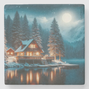 Log Cabin in the Snow Filled Woods under the Moon Stone Coaster