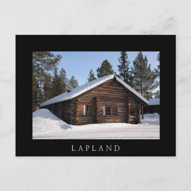 Log cabin in the snow, Lapland black text postcard (Front)