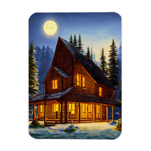 Log Cabin In The woods Snow landscape Art  Magnet