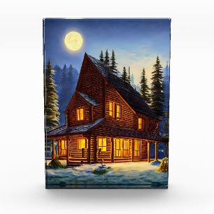 Log Cabin In The woods Snow landscape Art Photo Block