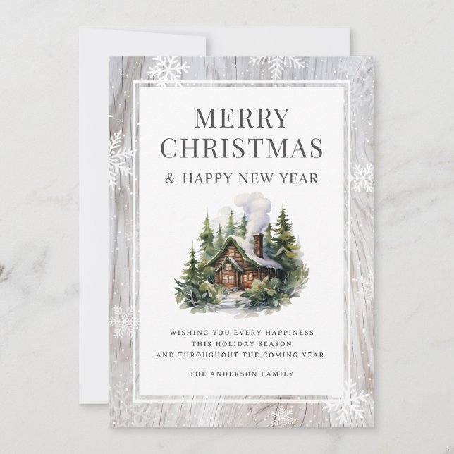 Log Cabin Merry Christmas Snowflakes Rustic Wood Holiday Card (Front)