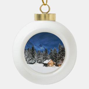 Log Cabin Mountain View Ceramic Ball Christmas Ornament