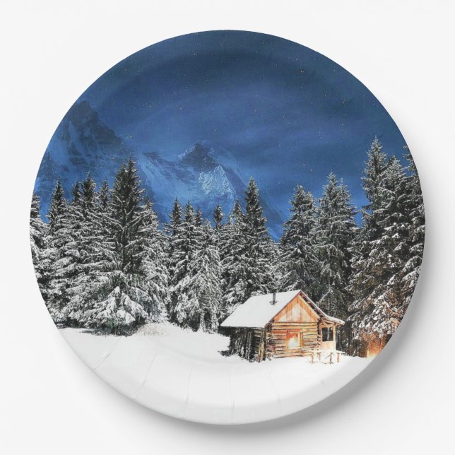 Log Cabin Mountain View Paper Plate (Front)