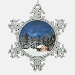 Log Cabin Mountain View Snowflake Pewter Christmas Ornament