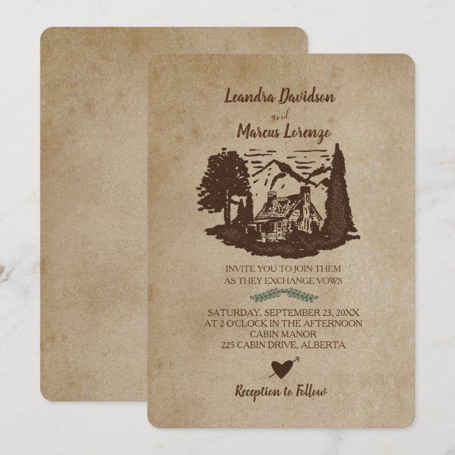 Log Cabin Mountains Rustic Wedding Invitation (Front/Back)
