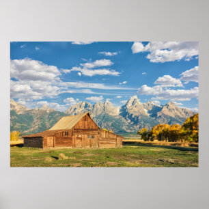 Log Cabin Near Mountain Range Poster