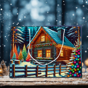 Log Cabin on Christmas Eve Large Gift Bag