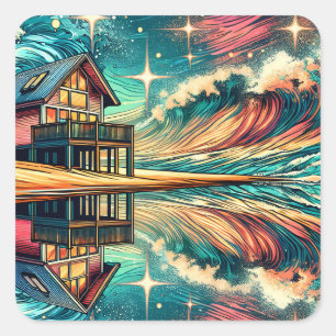 Log Cabin on the Beach Ai Art Square Sticker