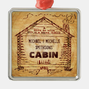Log Cabin Personalised Faux Wood Metal Tree Decoration