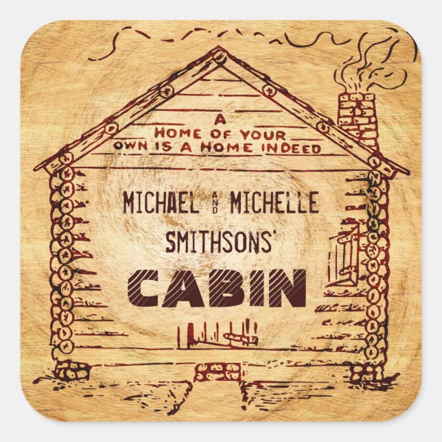 Log Cabin Personalised Faux Wood Square Sticker (Front)