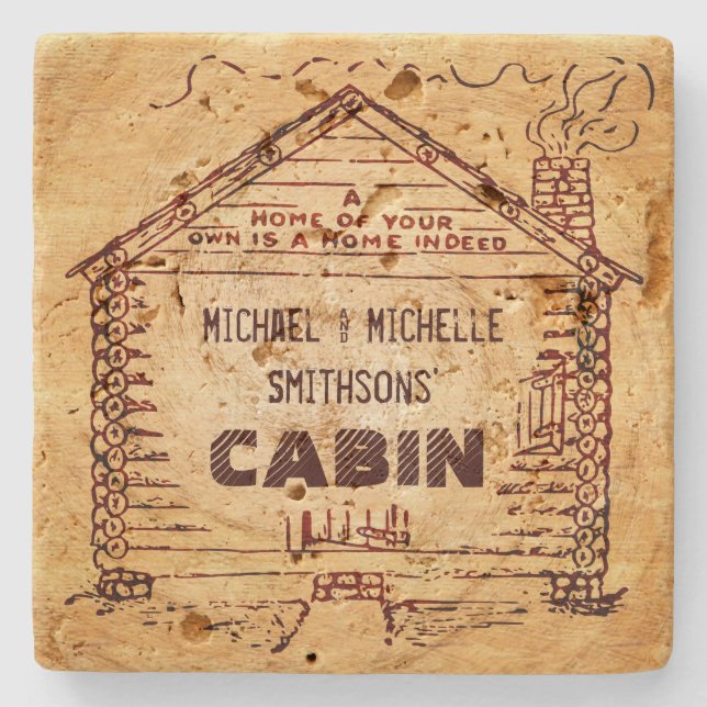 Log Cabin Personalised Faux Wood Stone Coaster (Front)