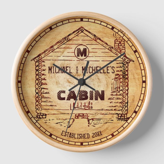 Log Cabin Personalised Name and Monogram Faux Wood Clock (Front)