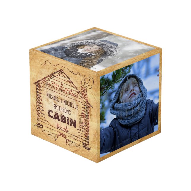 Log Cabin Personalised Name Faux Wood Vintage Cube (Front Angled)