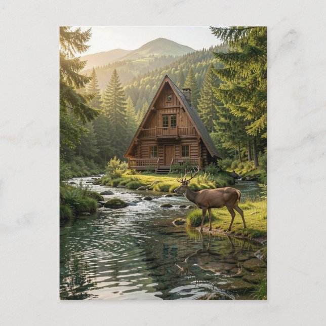 Log Cabin, Stream and Deer, Father's Day Postcard (Front)